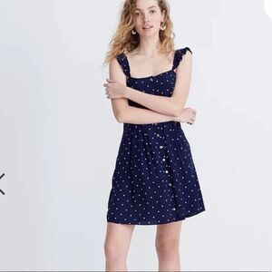 Madewell Ruffle-Strap Button-Front Dress Navy Blue White Polka Dot Size 0